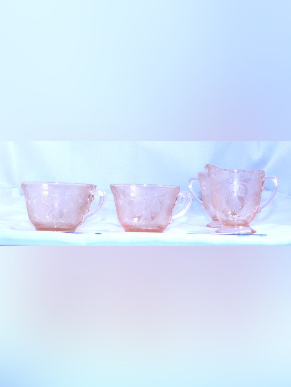 ANTIQUE JEANNETTE Pink Depression Glass Coffee Cups Creamer and Sugar Bowl Set